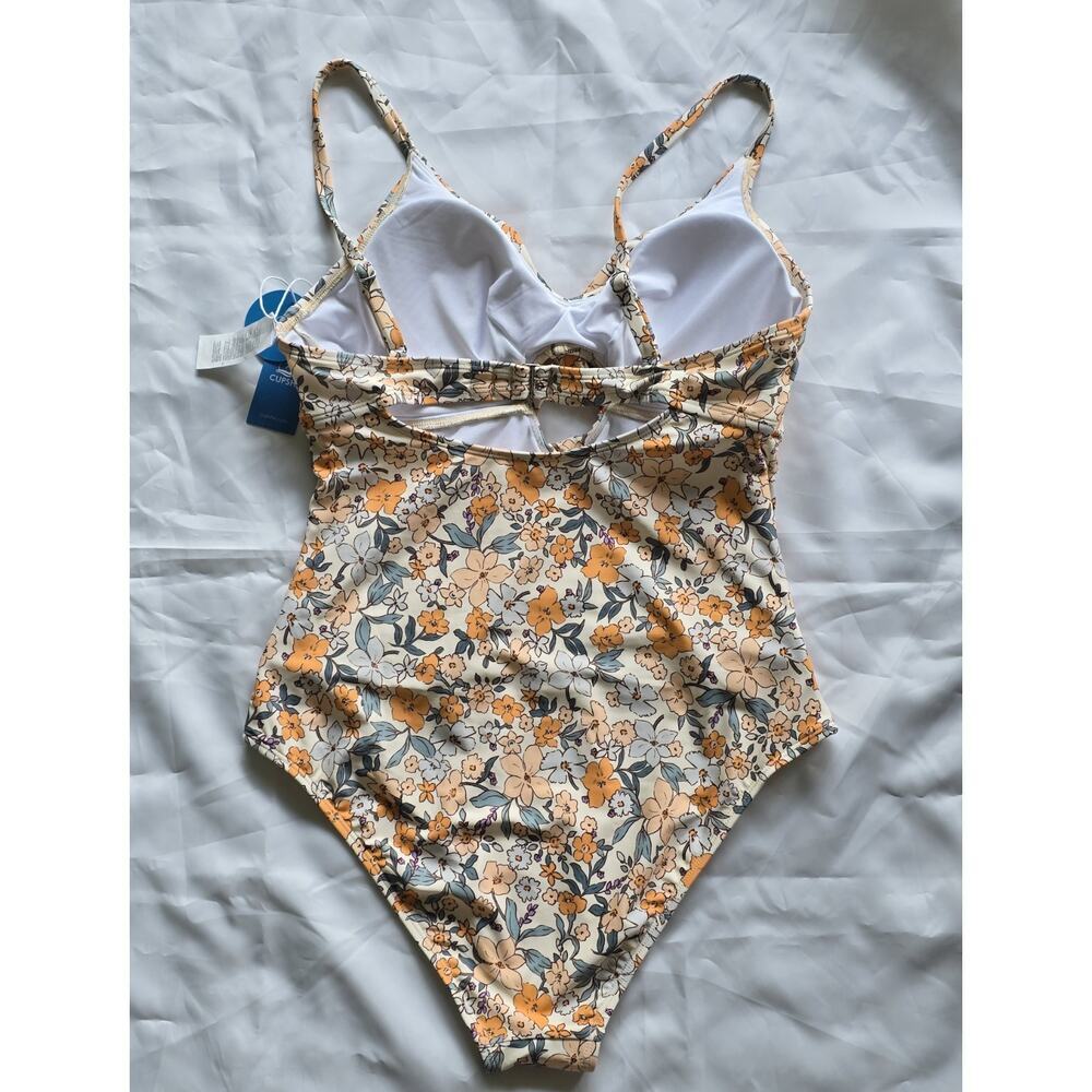 NWT Cupshe Floral Cut Out One Piece Swimsuit Ruched Monokini Yellow Gray Large - Picture 2 of 4